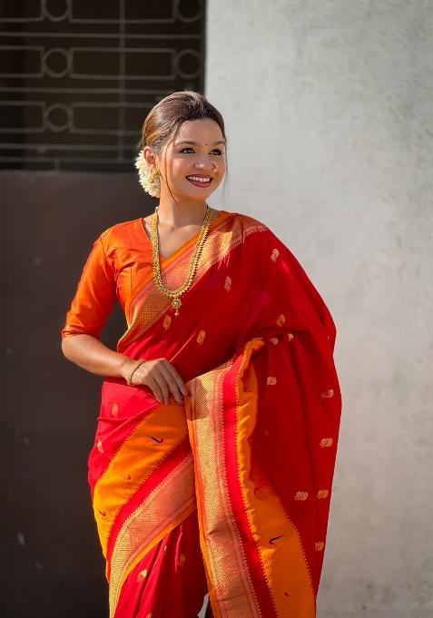 Red Woven Paithani Silk Saree Set