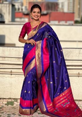Blue Woven Paithani Silk Saree  Set