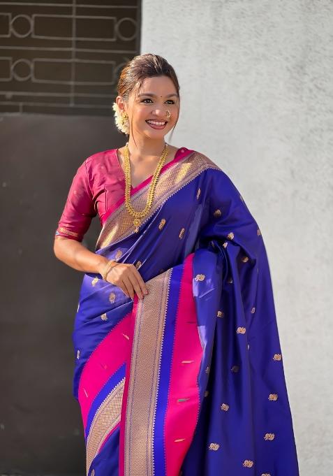 Blue Woven Paithani Silk Saree Set