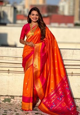 Orange Woven Paithani Silk Saree  Set