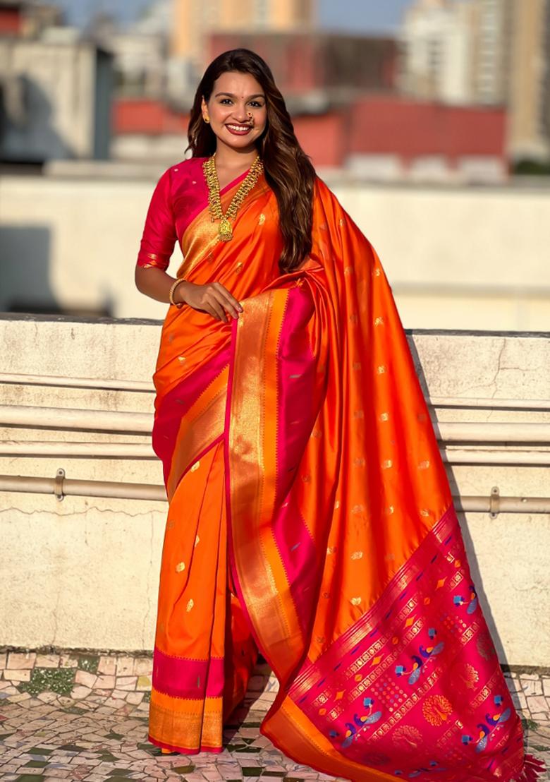Orange Woven Paithani Silk Saree Set