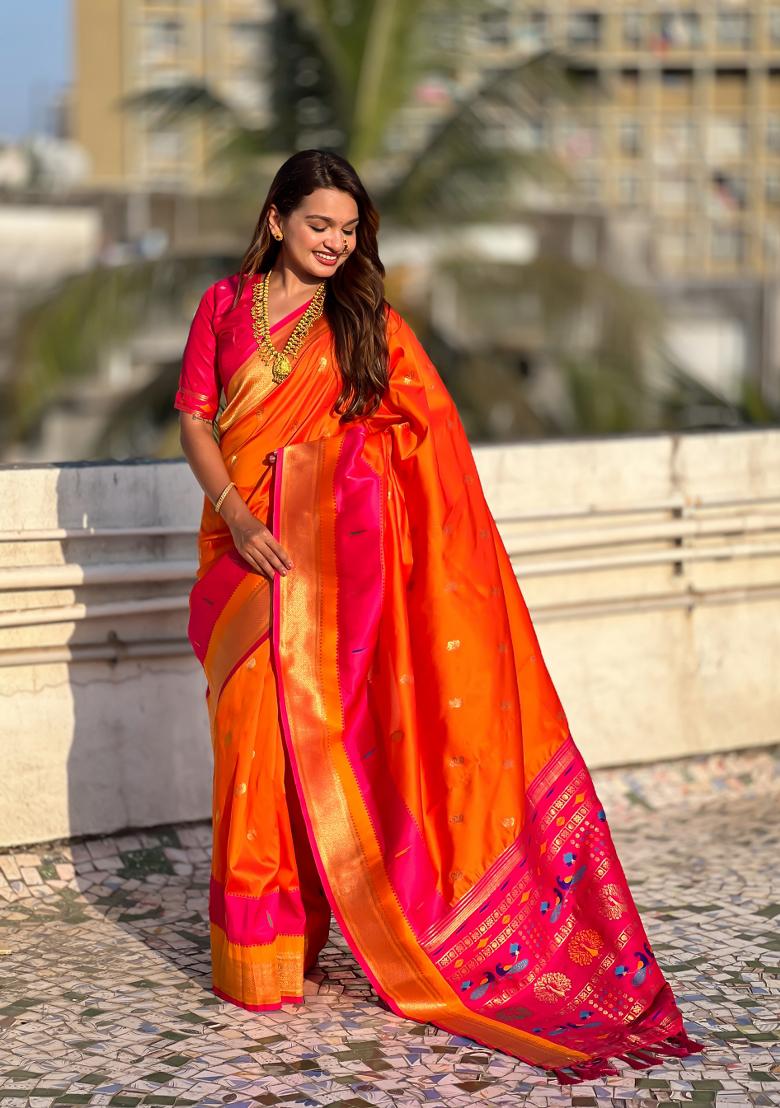 Orange Woven Paithani Silk Saree  Set