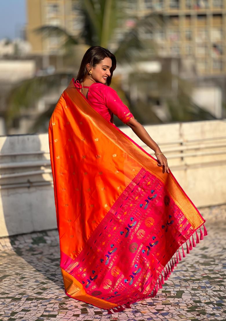 Orange Woven Paithani Silk Saree Set
