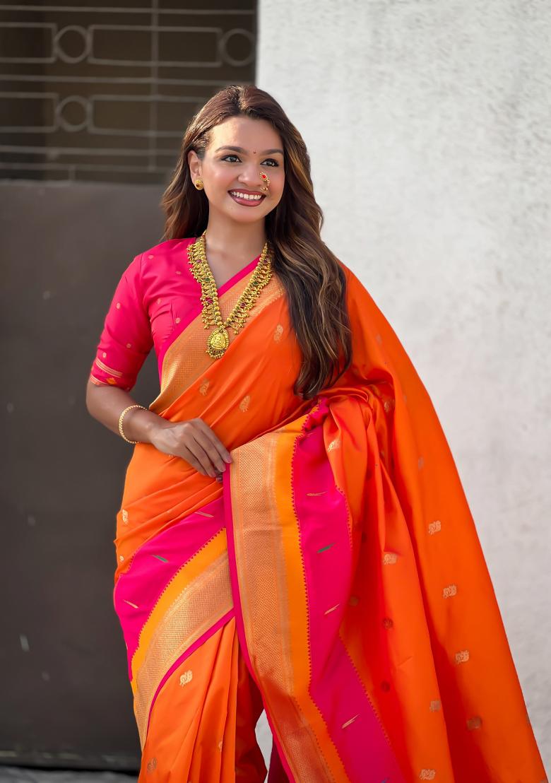 Orange Woven Paithani Silk Saree  Set