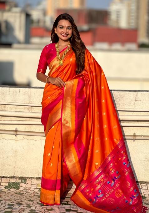 Orange Woven Paithani Silk Saree  Set