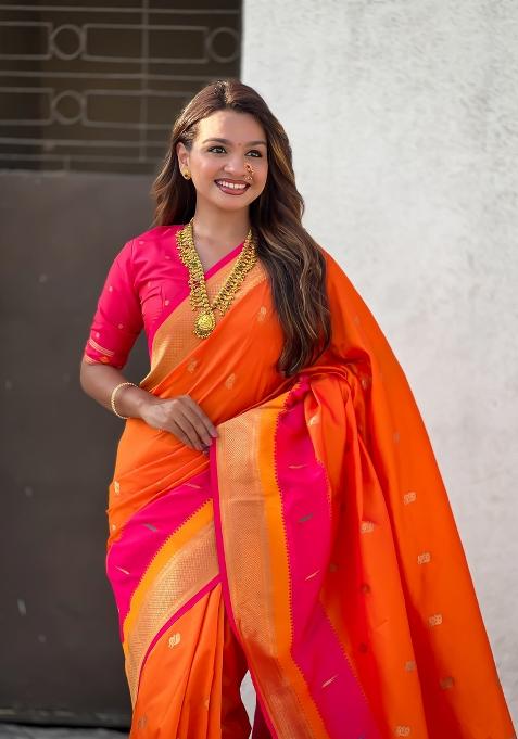 Orange Woven Paithani Silk Saree Set