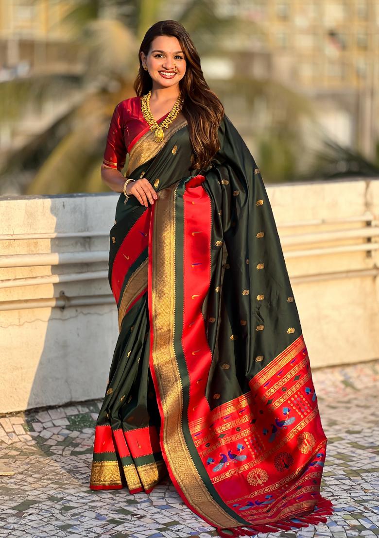 Green Woven Paithani Silk Saree Set