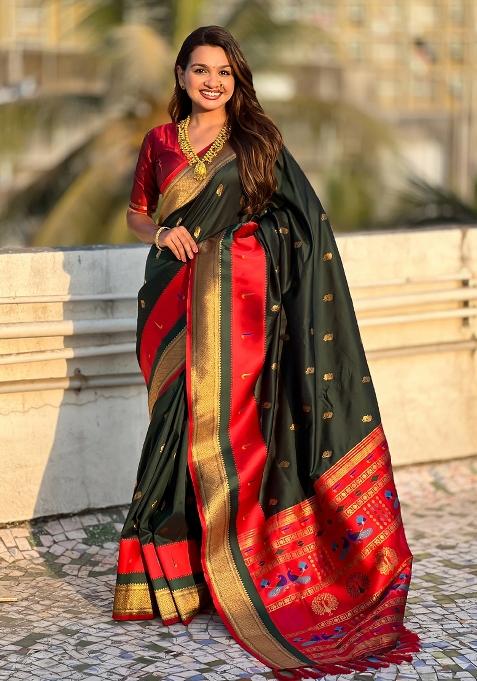 Green Woven Paithani Silk Saree  Set
