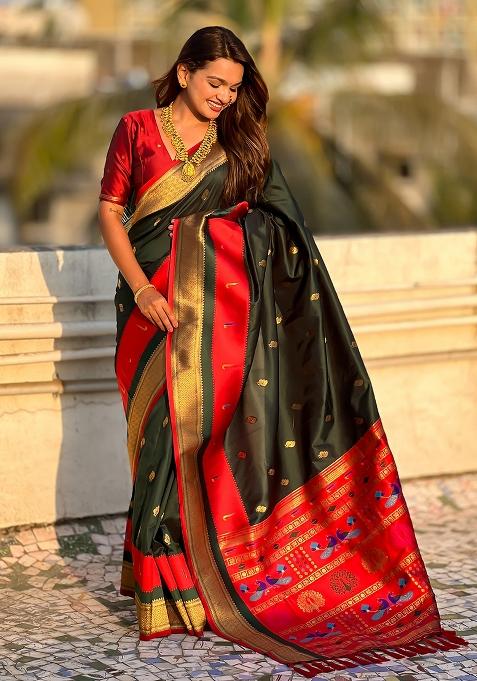 Green Woven Paithani Silk Saree Set