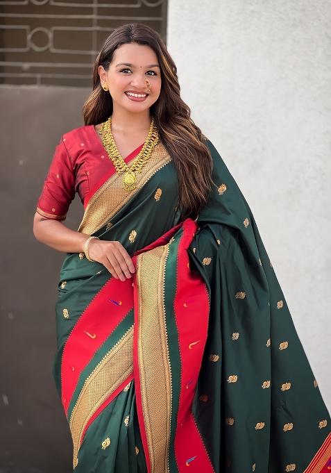 Green Woven Paithani Silk Saree Set