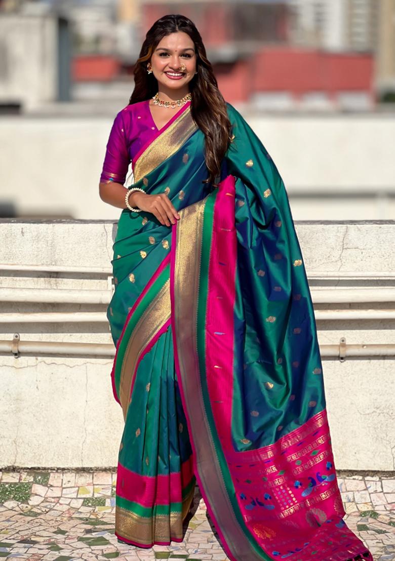 Sea Green Woven Paithani Silk Saree Set