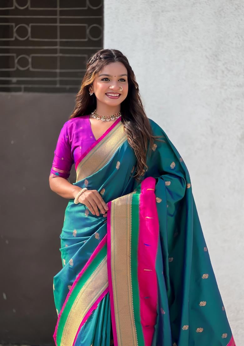 Sea Green Woven Paithani Silk Saree Set