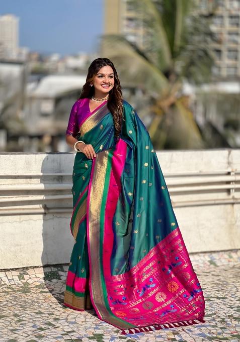 Sea Green Woven Paithani Silk Saree Set