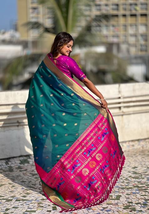 Sea Green Woven Paithani Silk Saree Set