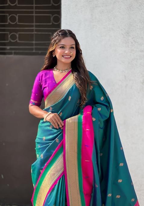 Sea Green Woven Paithani Silk Saree Set