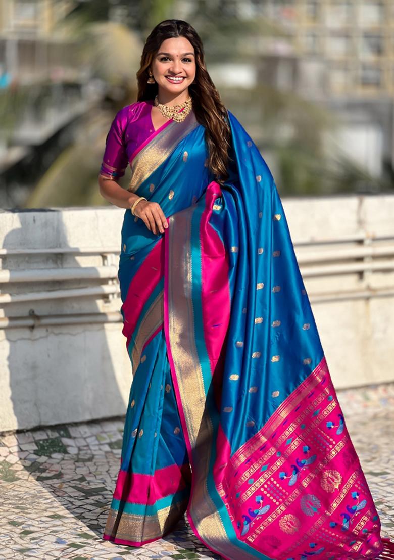 Blue Woven Paithani Silk Saree Set