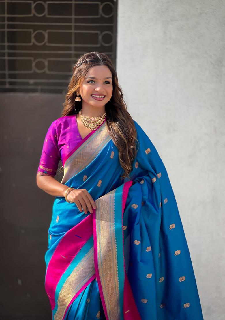 Blue Woven Paithani Silk Saree Set