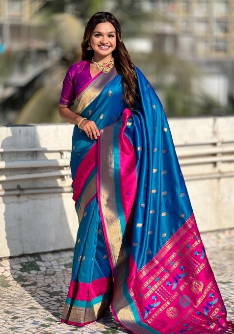 Blue Woven Paithani Silk Saree  Set