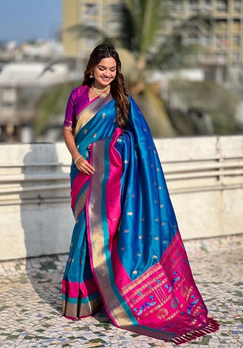 Blue Woven Paithani Silk Saree Set