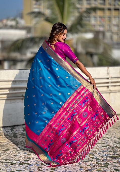 Blue Woven Paithani Silk Saree Set