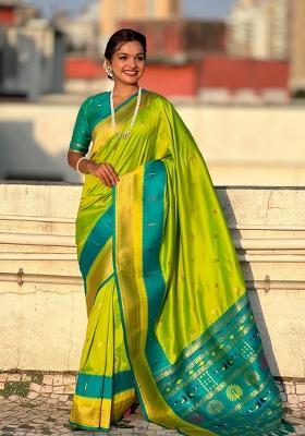 Parrot Green Woven Paithani Silk Saree  Set