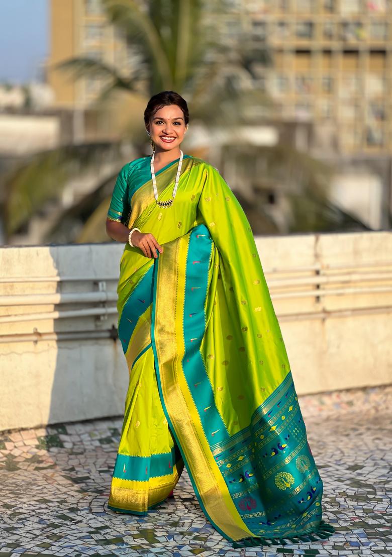Parrot Green Woven Paithani Silk Saree  Set