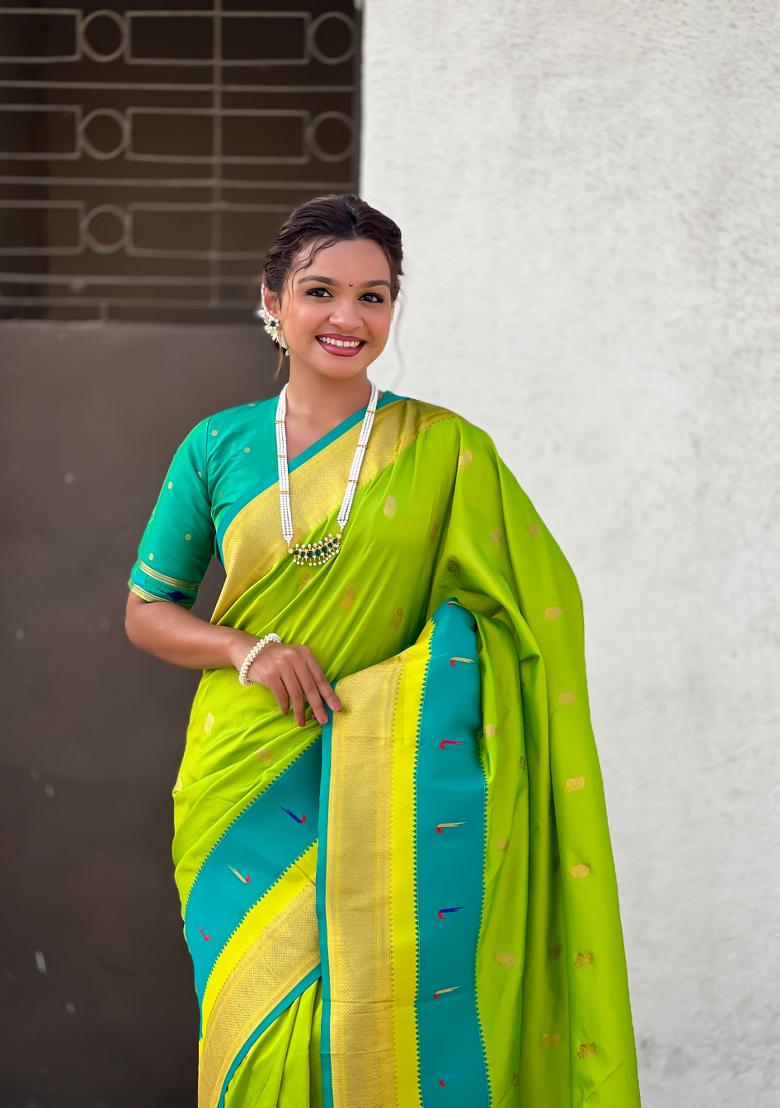Parrot Green Woven Paithani Silk Saree  Set