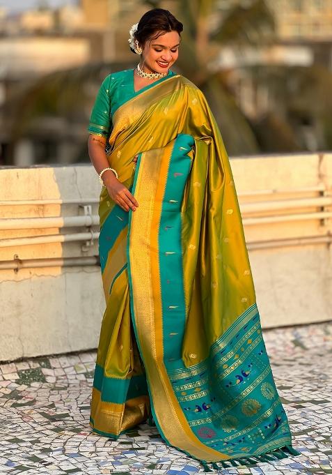 Mehendi Green Woven Paithani Silk Saree Set