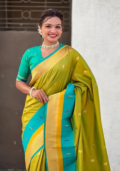 Mehendi Green Woven Paithani Silk Saree Set