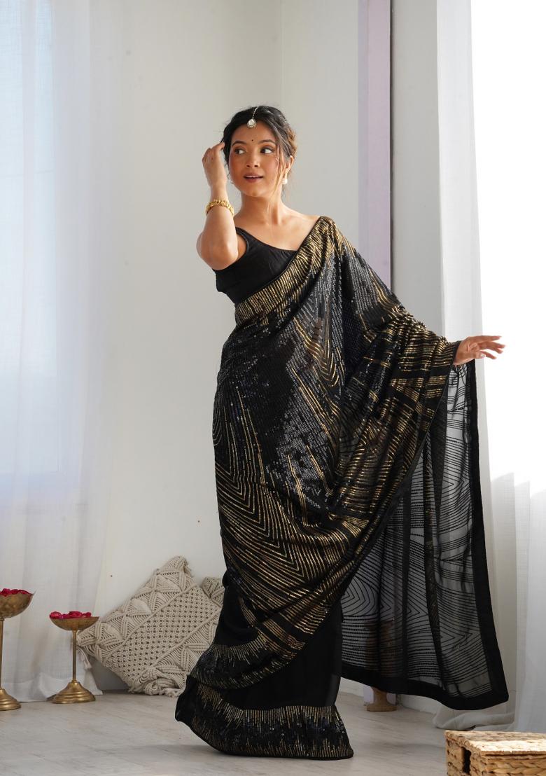 Black Embroidered Georgette Saree  Set