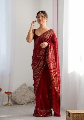Maroon Embroidered Georgette Saree  Set