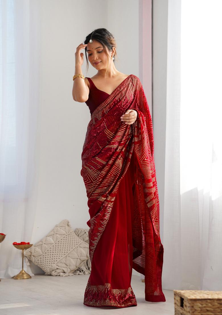 Maroon Embroidered Georgette Saree  Set