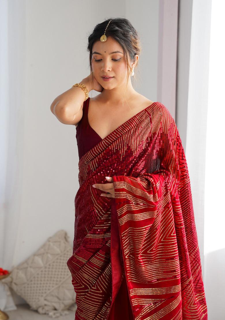 Maroon Embroidered Georgette Saree  Set