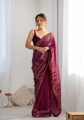 Wine Embroidered Georgette Saree  Set
