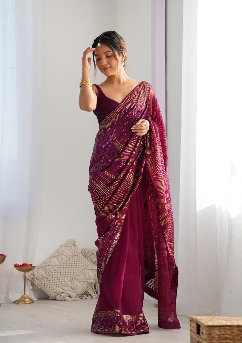 Wine Embroidered Georgette Saree Set