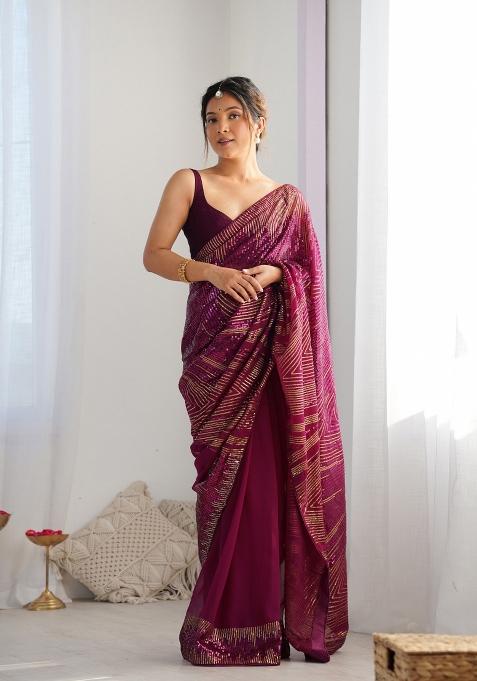 Wine Embroidered Georgette Saree  Set