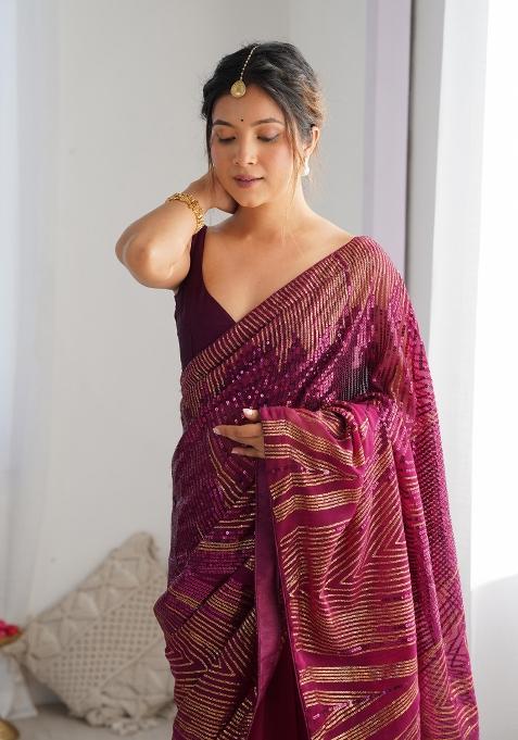 Wine Embroidered Georgette Saree Set