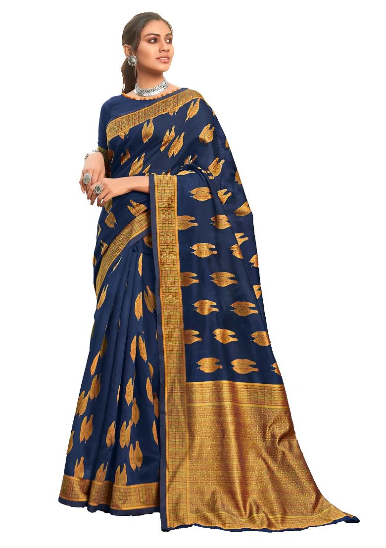 Blue Weaving Cotton Saree Set With Blouse