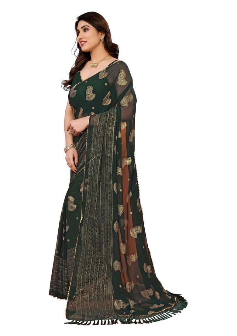 Green Solid Georgette Saree Set With Blouse