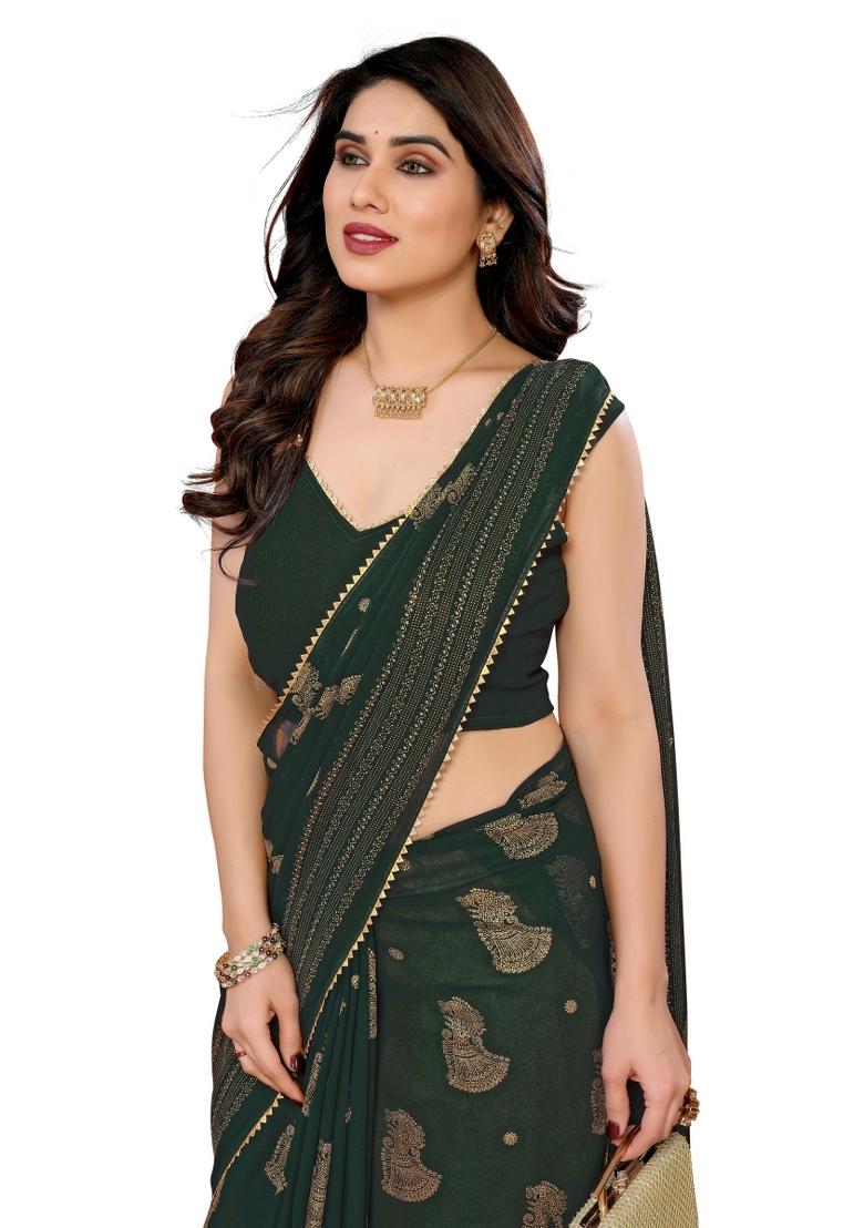 Green Solid Georgette Saree Set With Blouse