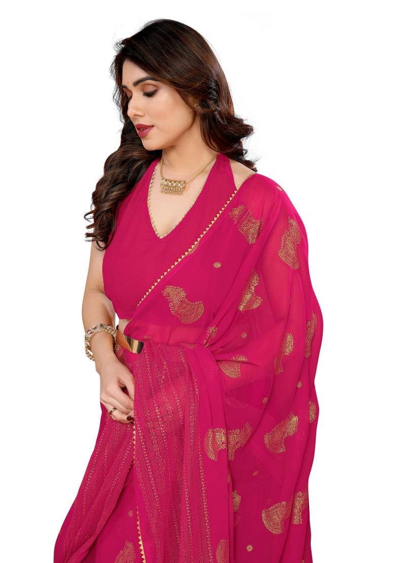 Pink Solid Georgette Saree Set With Blouse