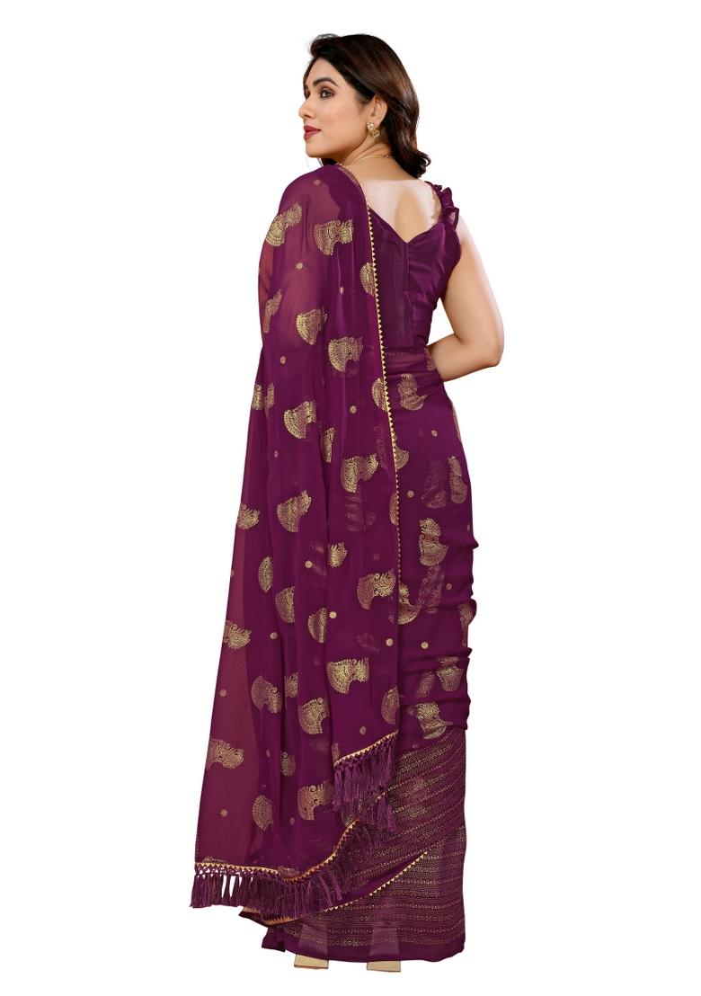 Wine Solid Georgette Saree Set With Blouse