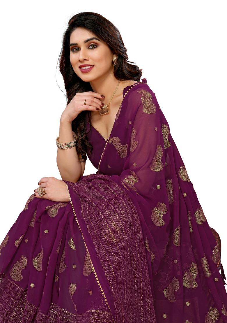 Wine Solid Georgette Saree Set With Blouse