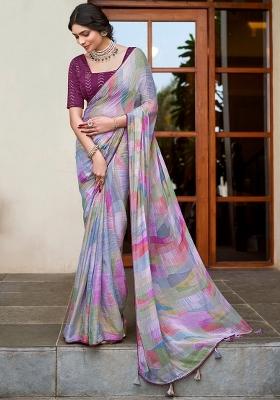 Purple Printed Satin Silk Saree Set With Blouse