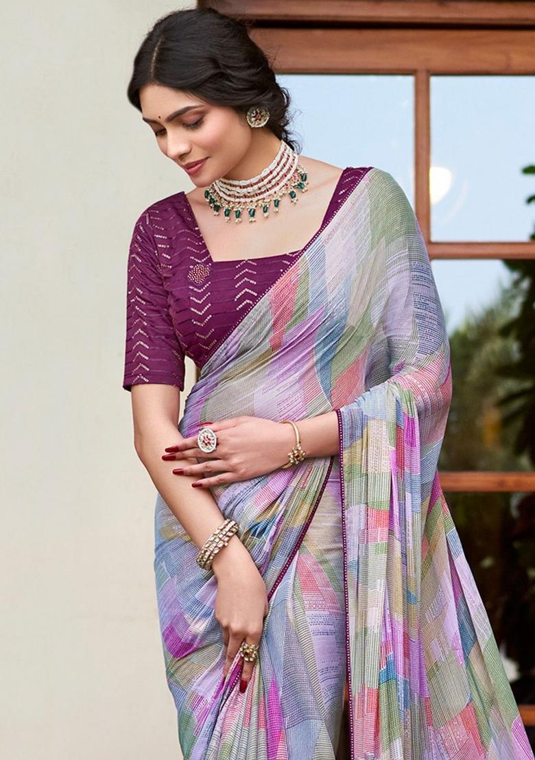 Purple Printed Satin Silk Saree Set With Blouse