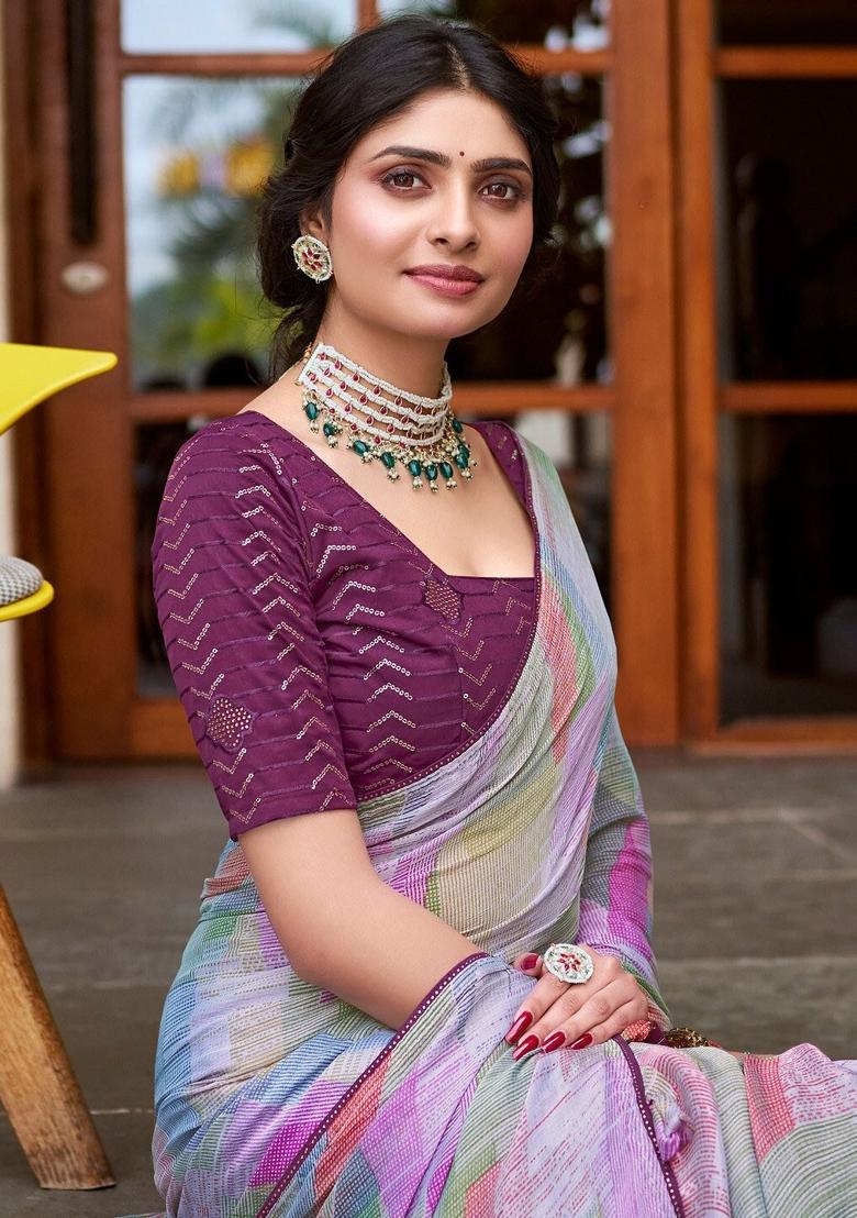 Purple Printed Satin Silk Saree Set With Blouse