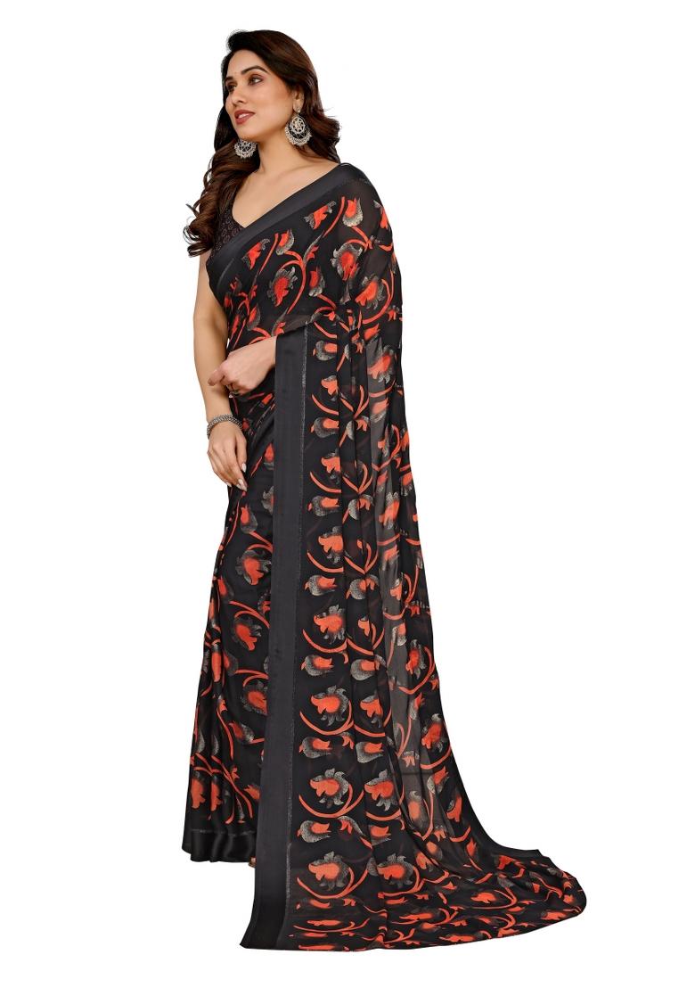 Black Printed Bright Moss Saree Set With Blouse