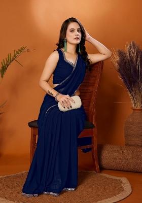 Navy Blue Solid Georgette Saree Set With Blouse