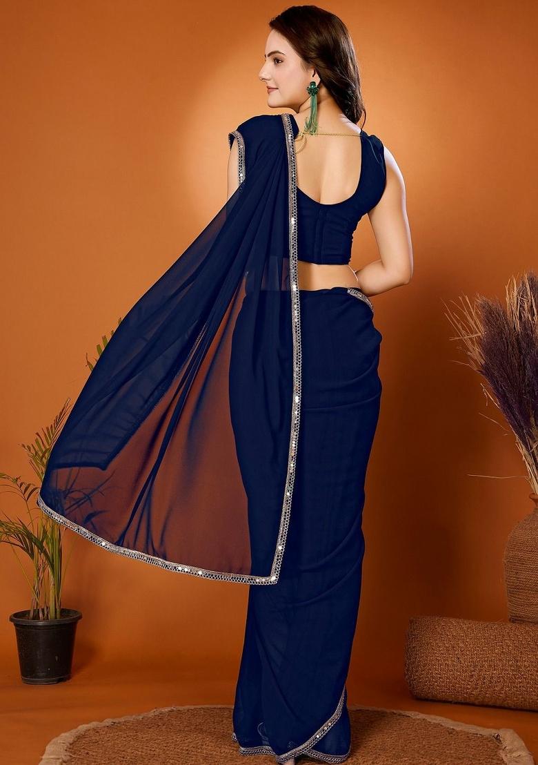 Navy Blue Solid Georgette Saree Set With Blouse