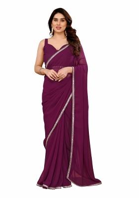 Purple Solid Georgette Saree Set With Blouse